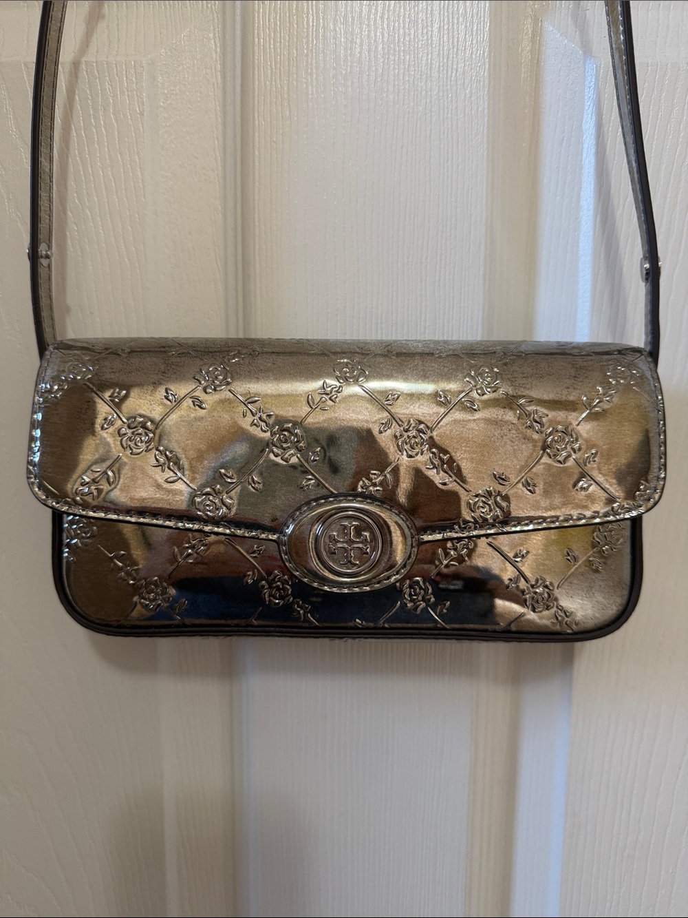 Tory Burch Pewter Metallic Rose-Embossed Shoulder Bag